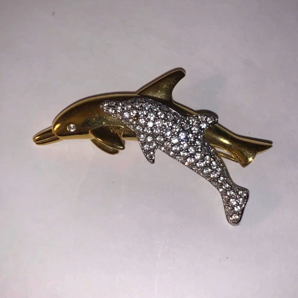 SWAROVSKI SWAN SIGNED JUMPING DOLPHINS CRYSTAL GOLD SILVER TONE BROOCH PIN Vtg